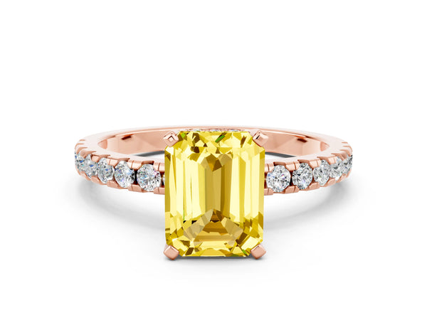 Rose gold Emerald Cut Yellow Sapphire Solitaire Ring with Round  Pavé Band and Four-Prong Setting