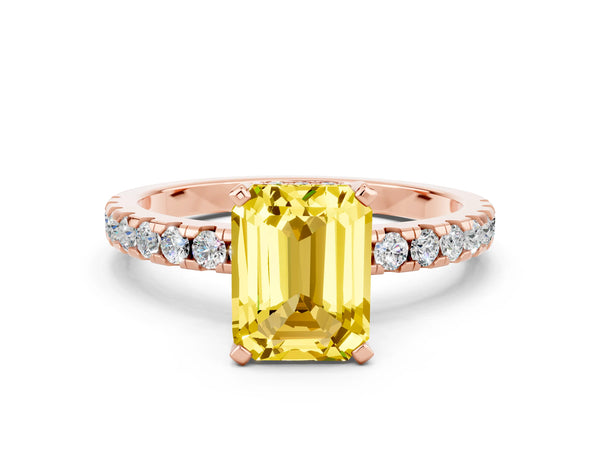 Rose gold Emerald Cut Yellow Sapphire Solitaire Ring with Round Pavé Band and Four-Prong Setting