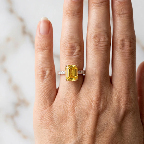 Rose gold Emerald Cut Yellow Sapphire Solitaire Ring with Round  Pavé Band and Four-Prong Setting