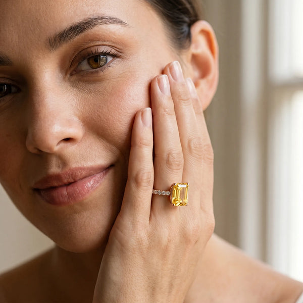 Rose gold Emerald Cut Yellow Sapphire Solitaire Ring with Round  Pavé Band and Four-Prong Setting