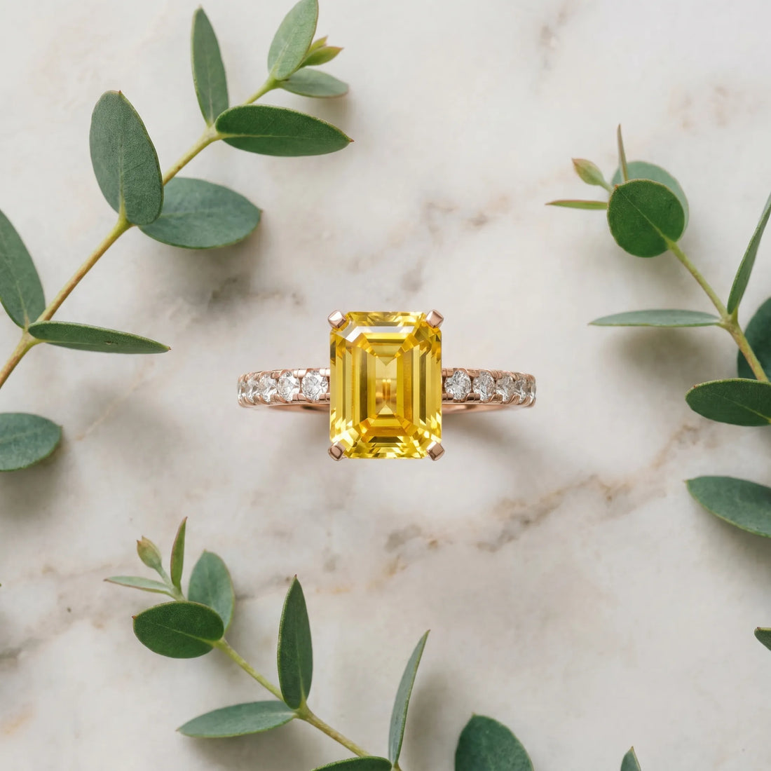Rose gold Emerald Cut Yellow Sapphire Solitaire Ring with Round  Pavé Band and Four-Prong Setting_81