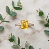 Rose gold Emerald Cut Yellow Sapphire Solitaire Ring with Round  Pavé Band and Four-Prong Setting_81