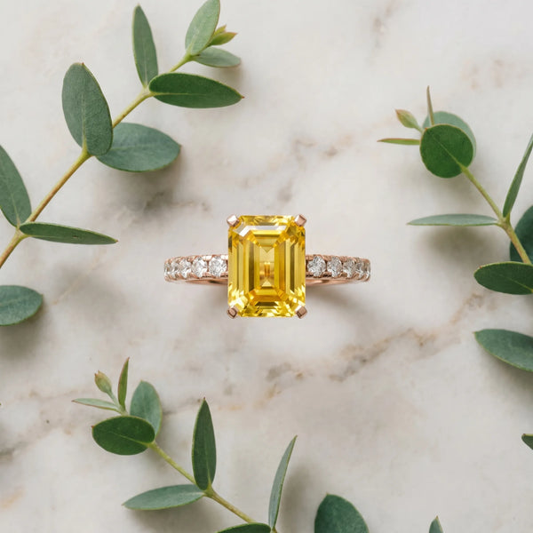 Rose gold Emerald Cut Yellow Sapphire Solitaire Ring with Round  Pavé Band and Four-Prong Setting