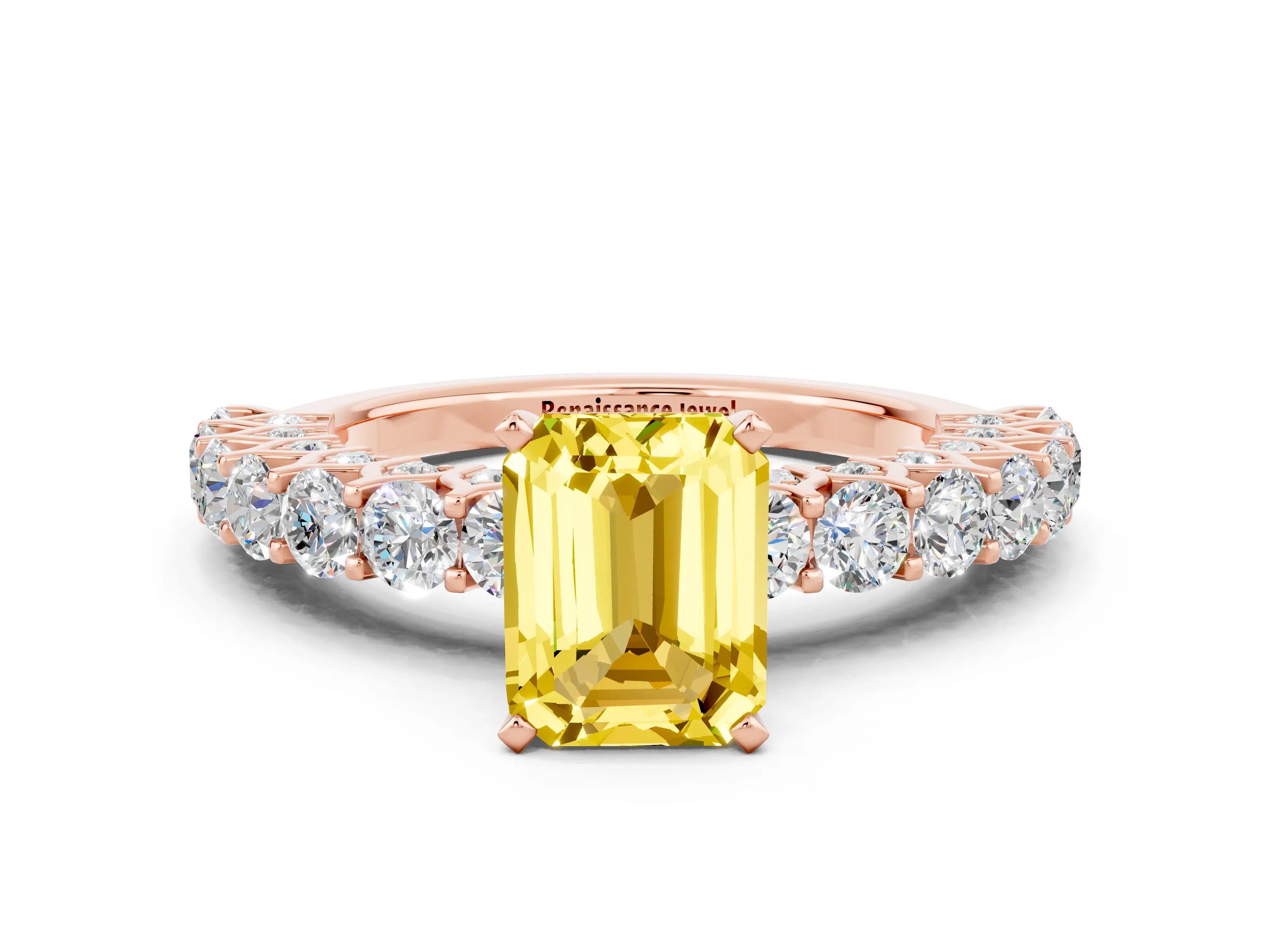 Rose gold Emerald Cut Yellow Sapphire Solitaire Ring with Shared Prong Pavé Band and Four-Prong Setting