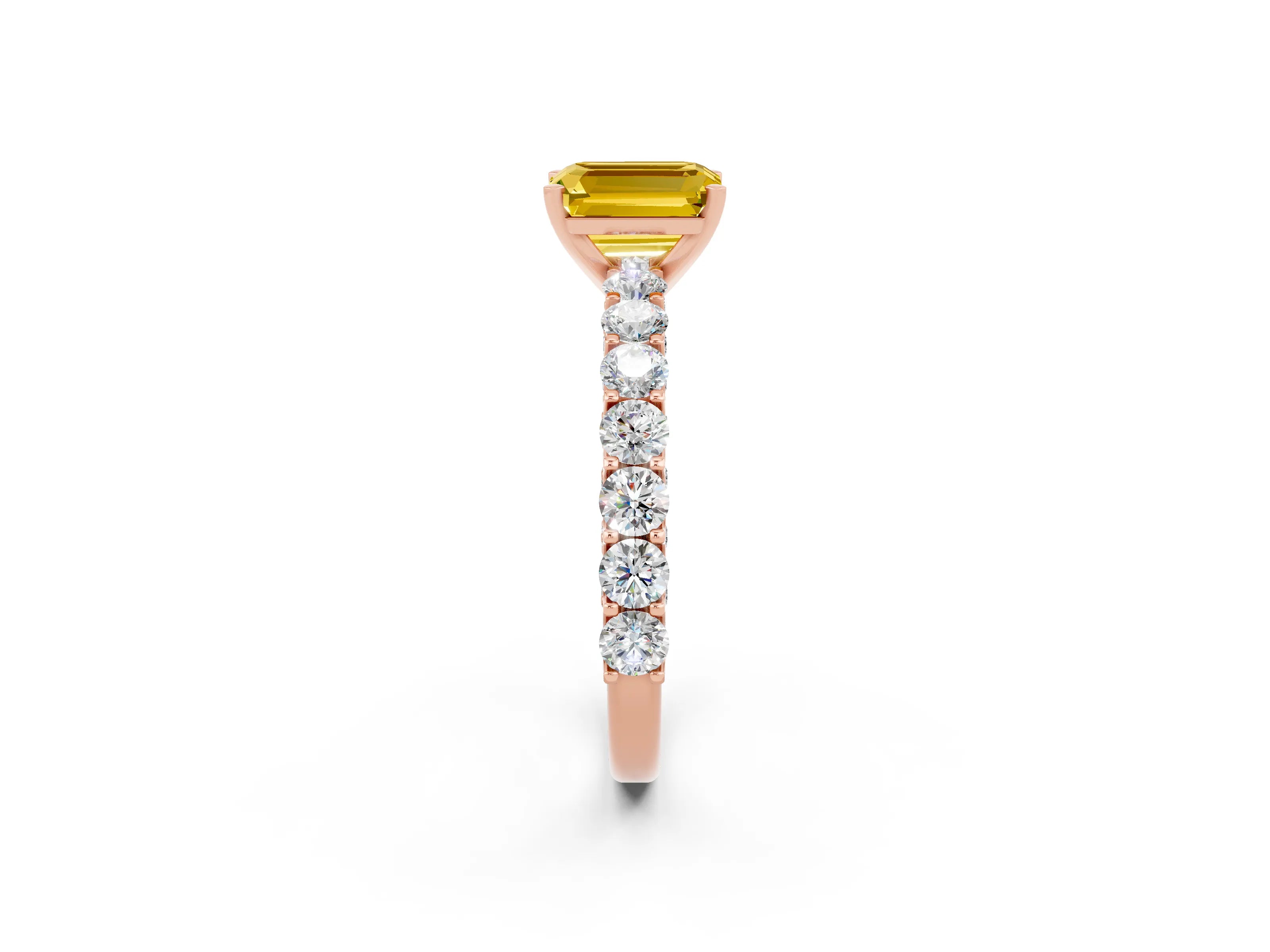 Rose gold Emerald Cut Yellow Sapphire Solitaire Ring with Shared Prong Pavé Band and Four-Prong Setting_2