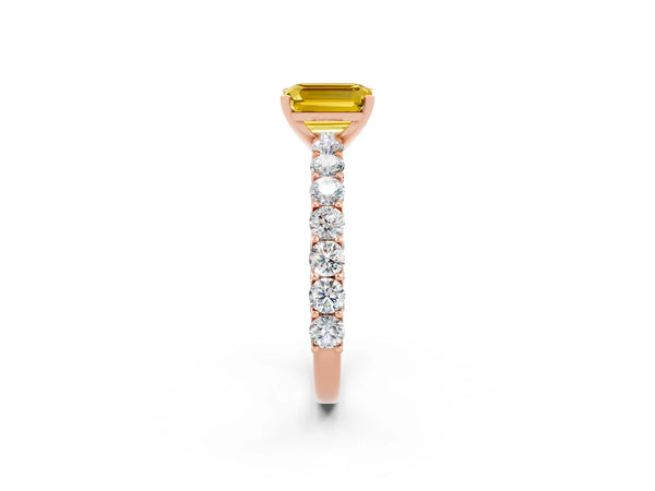 Rose gold Emerald Cut Yellow Sapphire Solitaire Ring with Shared Prong Pavé Band and Four-Prong Setting