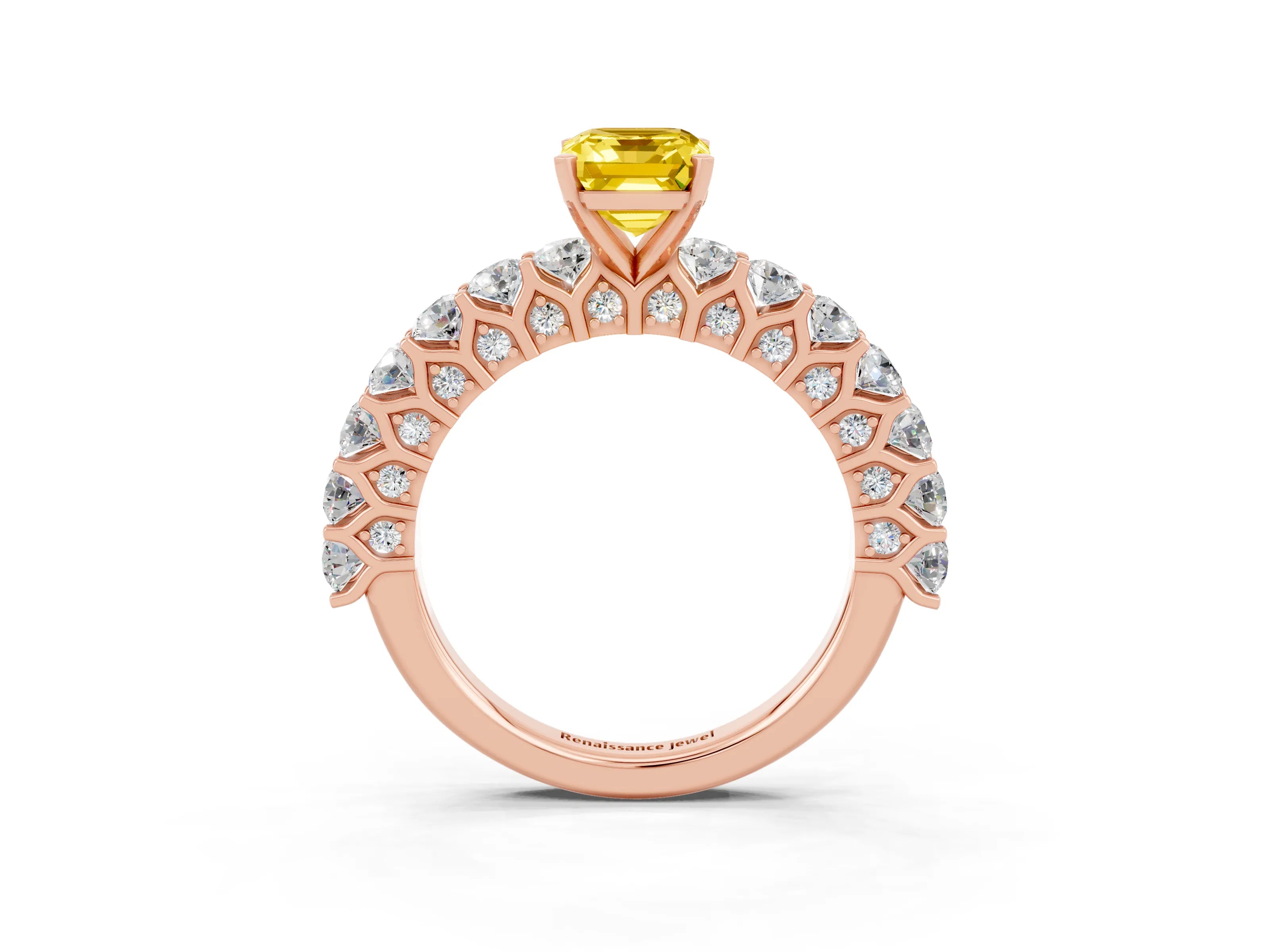 Rose gold Emerald Cut Yellow Sapphire Solitaire Ring with Shared Prong Pavé Band and Four-Prong Setting_3