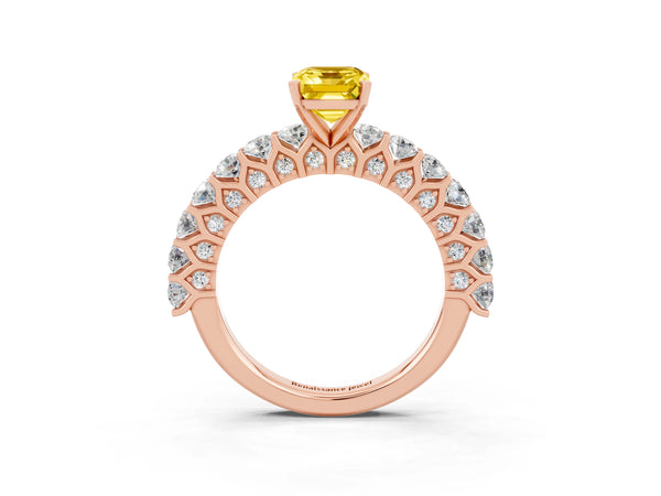 Rose gold Emerald Cut Yellow Sapphire Solitaire Ring with Shared Prong Pavé Band and Four-Prong Setting