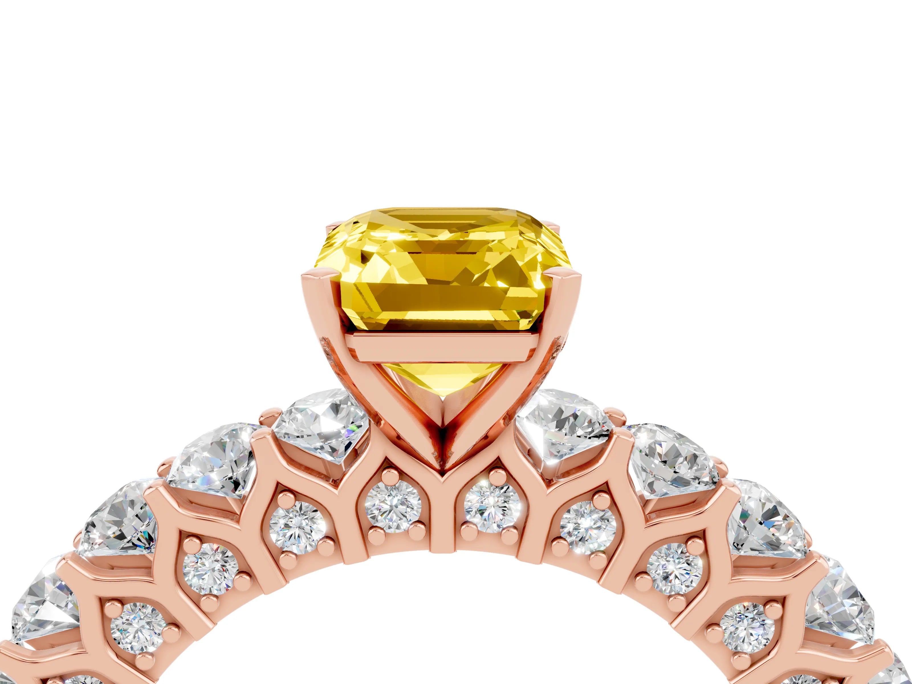 Rose gold Emerald Cut Yellow Sapphire Solitaire Ring with Shared Prong Pavé Band and Four-Prong Setting_4