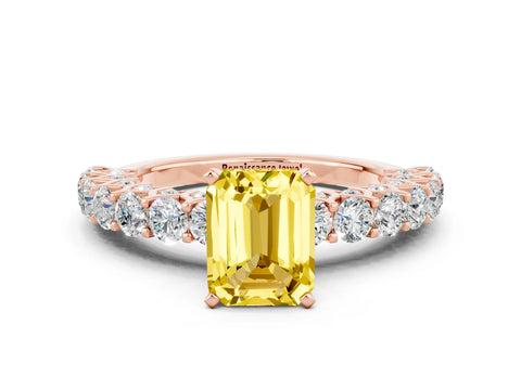 Rose gold Emerald Cut Yellow Sapphire Solitaire Ring with Shared Prong Pavé Band and Four-Prong Setting