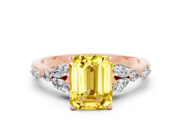 Rose gold Emerald Cut Yellow Sapphire Solitaire Ring with Side Stones and Four-Prong Setting