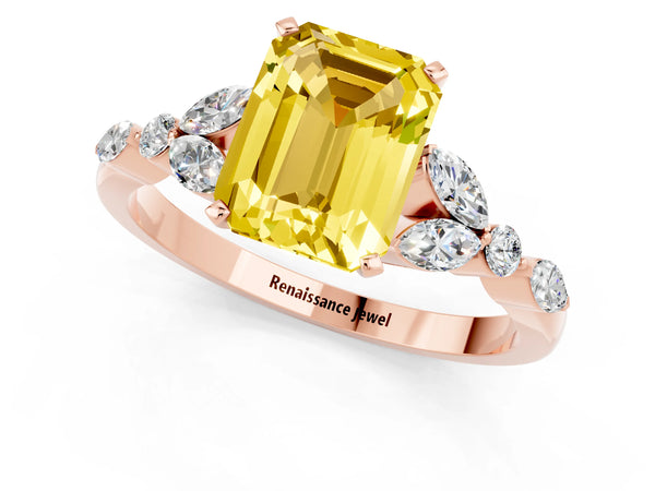 Rose gold Emerald Cut Yellow Sapphire Solitaire Ring with Side Stones and Four-Prong Setting