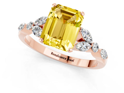 Rose gold Emerald Cut Yellow Sapphire Solitaire Ring with Side Stones and Four-Prong Setting_13