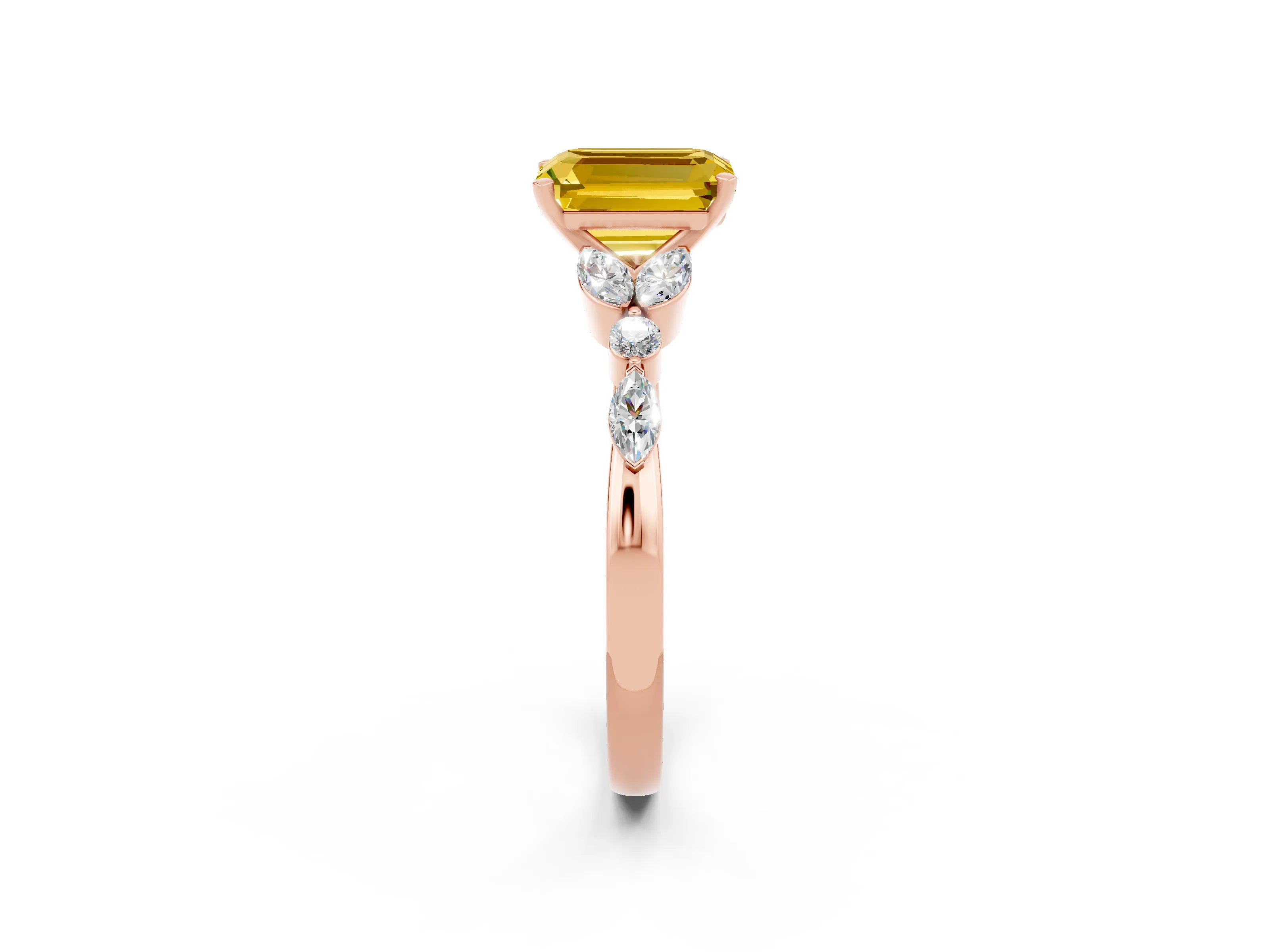 Rose gold Emerald Cut Yellow Sapphire Solitaire Ring with Side Stones and Four-Prong Setting_14