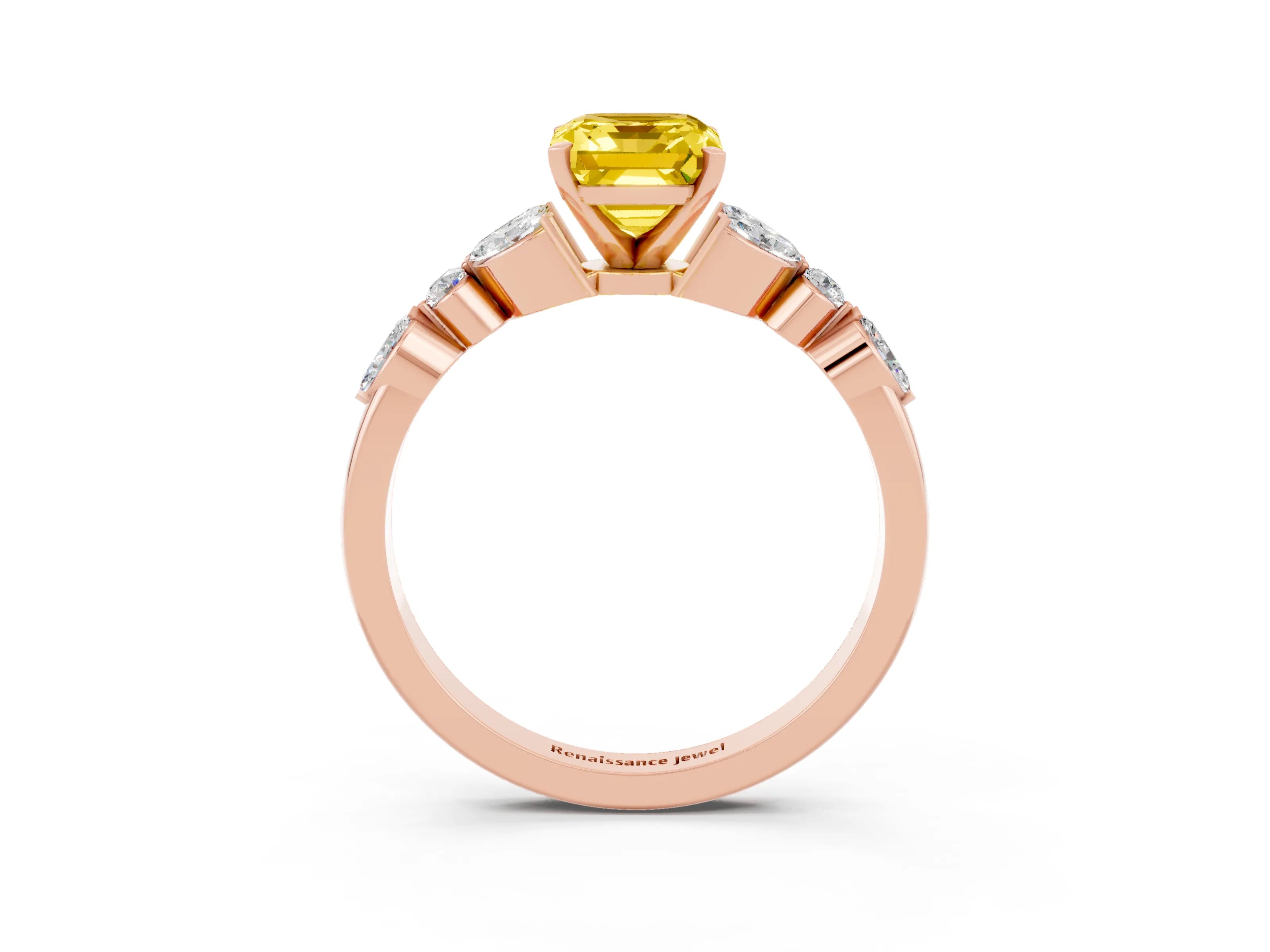 Rose gold Emerald Cut Yellow Sapphire Solitaire Ring with Side Stones and Four-Prong Setting_15