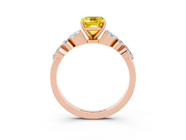 Rose gold Emerald Cut Yellow Sapphire Solitaire Ring with Side Stones and Four-Prong Setting