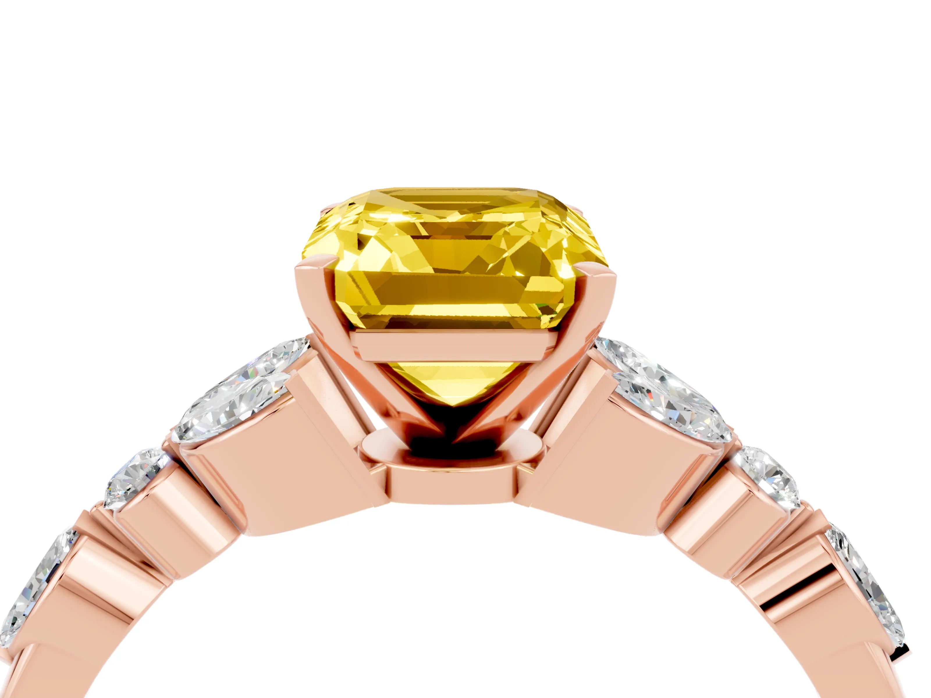 Rose gold Emerald Cut Yellow Sapphire Solitaire Ring with Side Stones and Four-Prong Setting_16