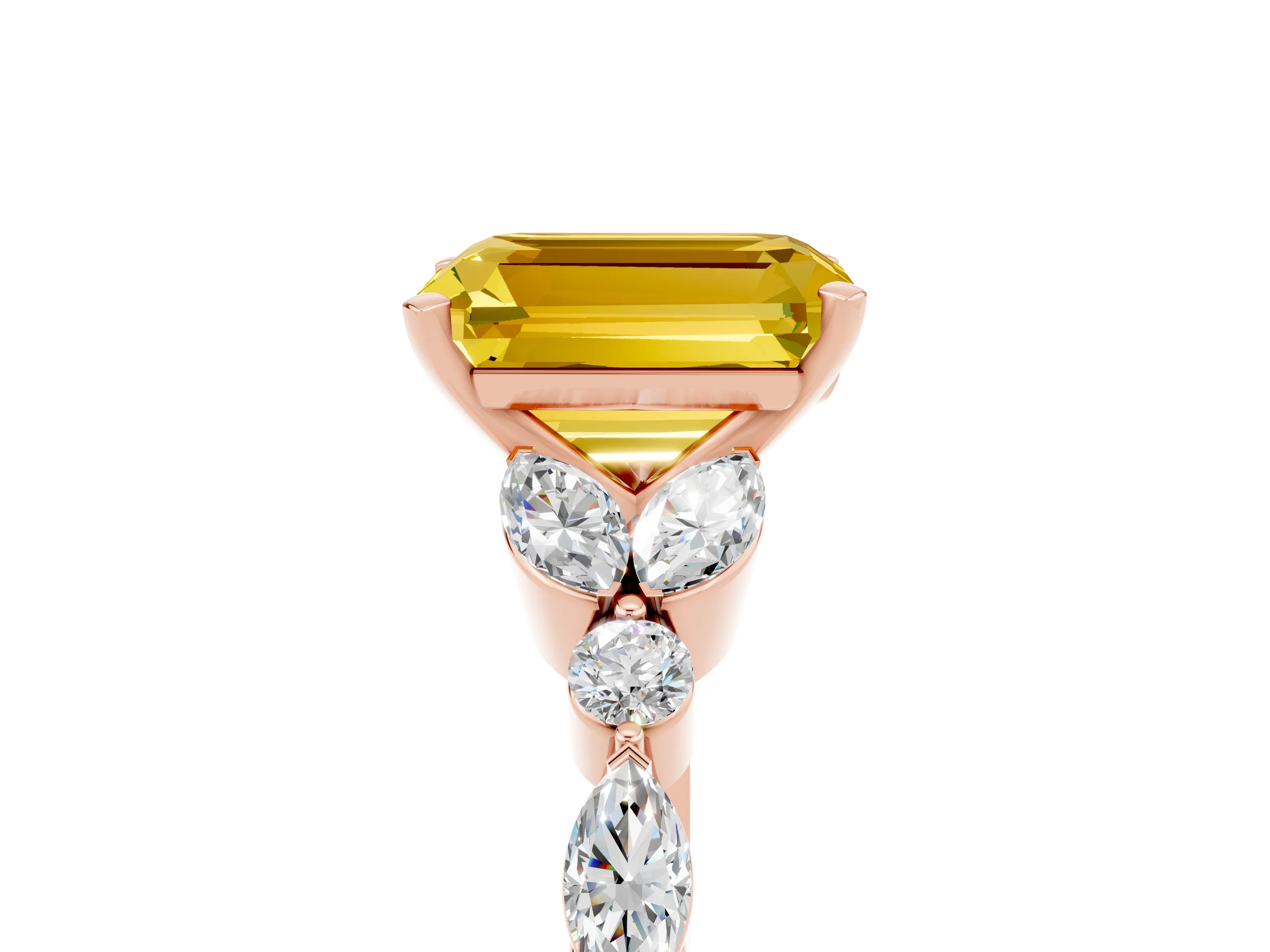 Rose gold Emerald Cut Yellow Sapphire Solitaire Ring with Side Stones and Four-Prong Setting_17