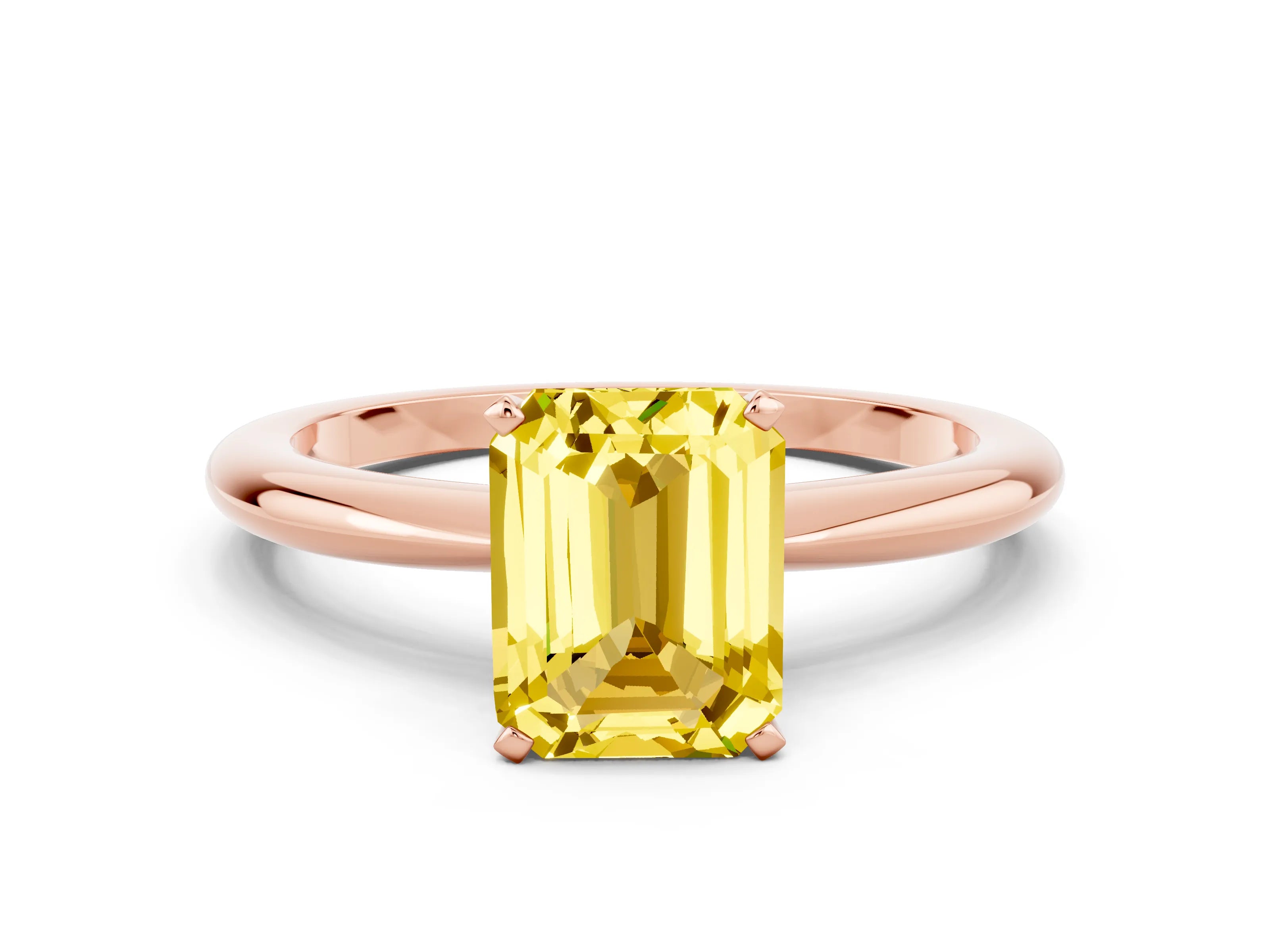 Rose gold Emerald Cut Yellow Sapphire Solitaire Ring with Six-Prong Setting and Classic Band