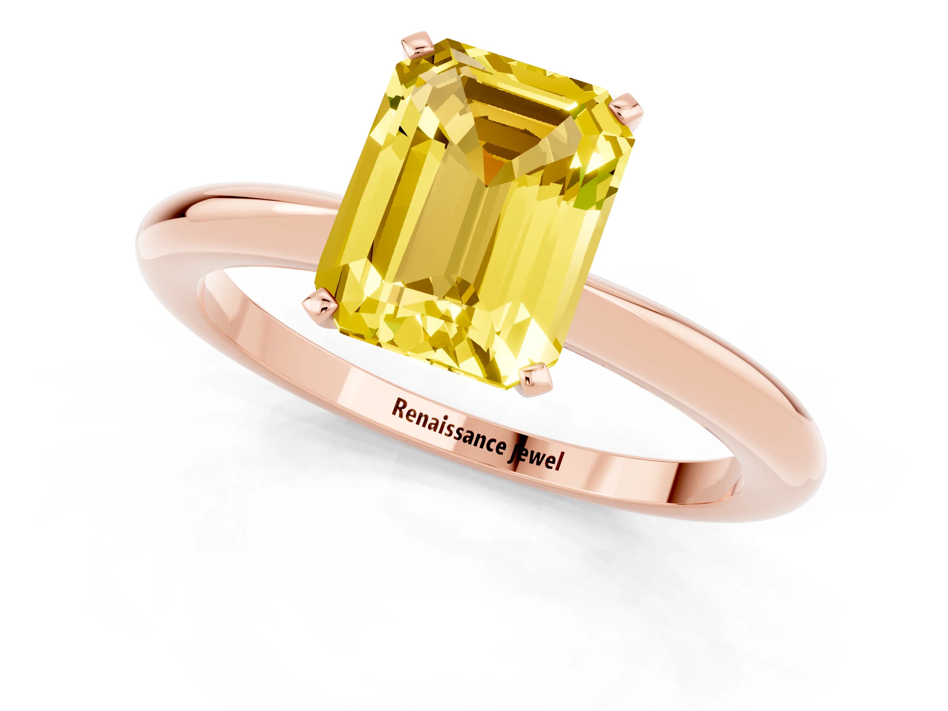 Rose gold Emerald Cut Yellow Sapphire Solitaire Ring with Six-Prong Setting and Classic Band_1