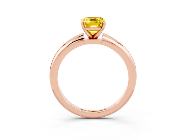 Rose gold Emerald Cut Yellow Sapphire Solitaire Ring with Six-Prong Setting and Classic Band
