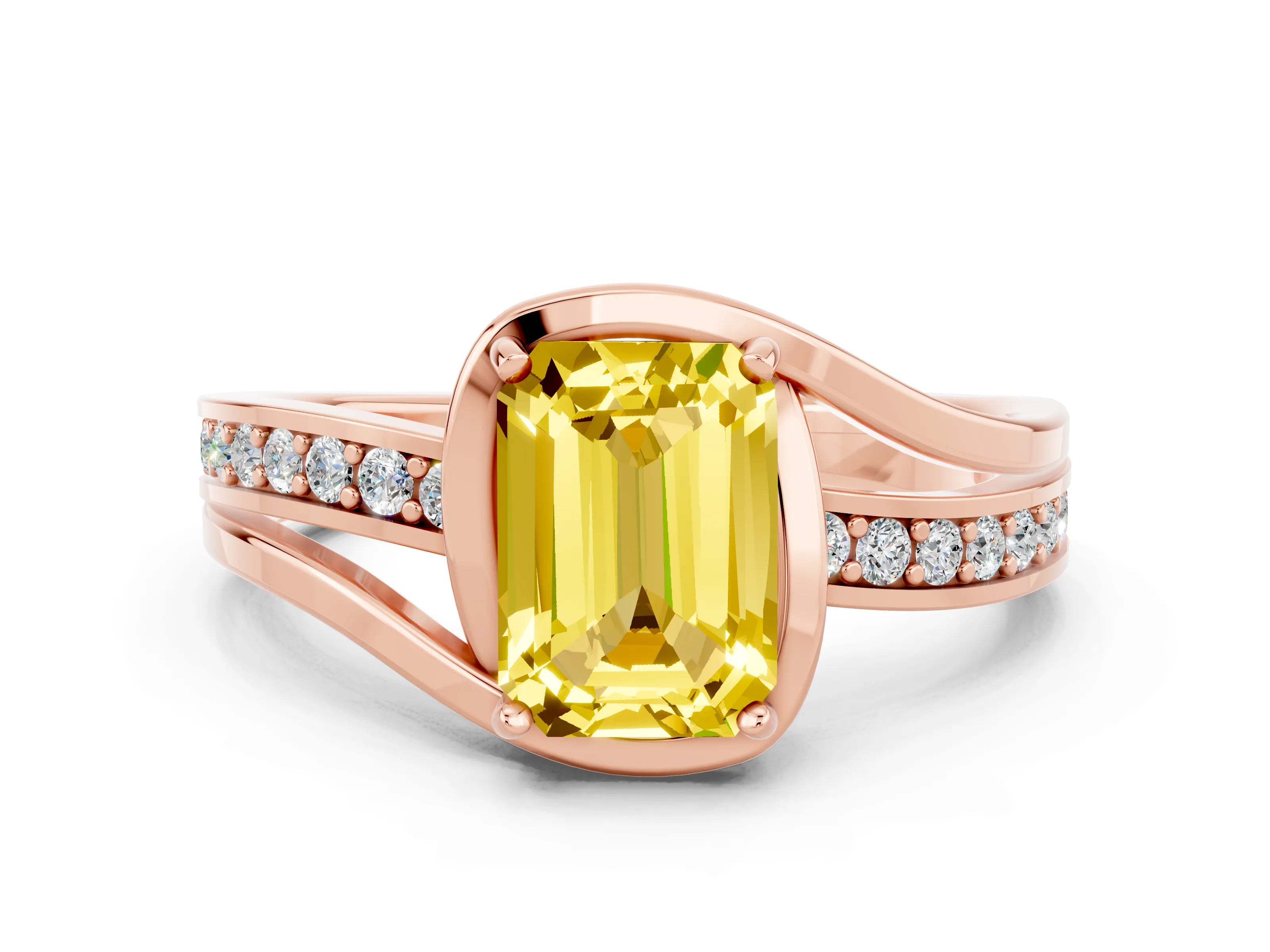 Rose gold Emerald Cut Yellow Sapphire Solitaire Ring with Split Shank and Prong Setting