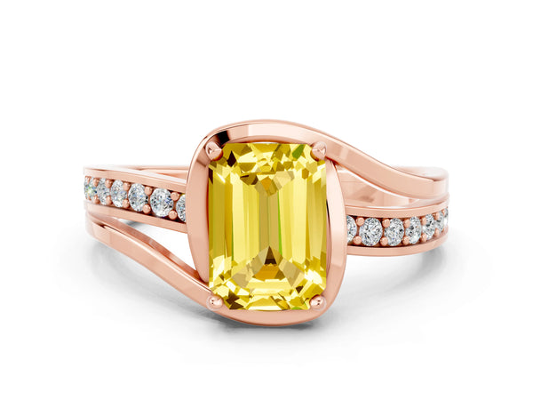 Rose gold Emerald Cut Yellow Sapphire Solitaire Ring with Split Shank and Prong Setting