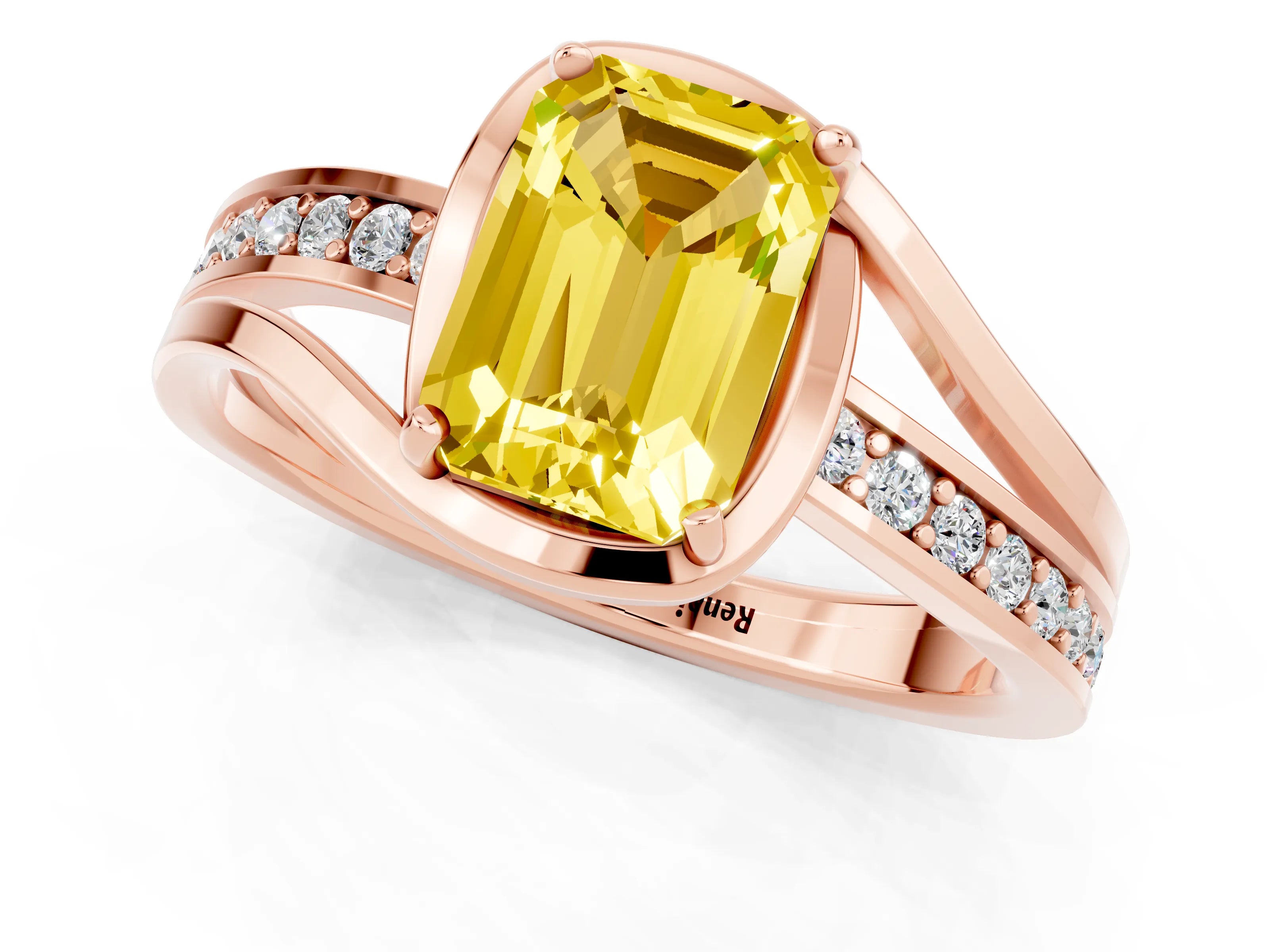 Rose gold Emerald Cut Yellow Sapphire Solitaire Ring with Split Shank and Prong Setting_1