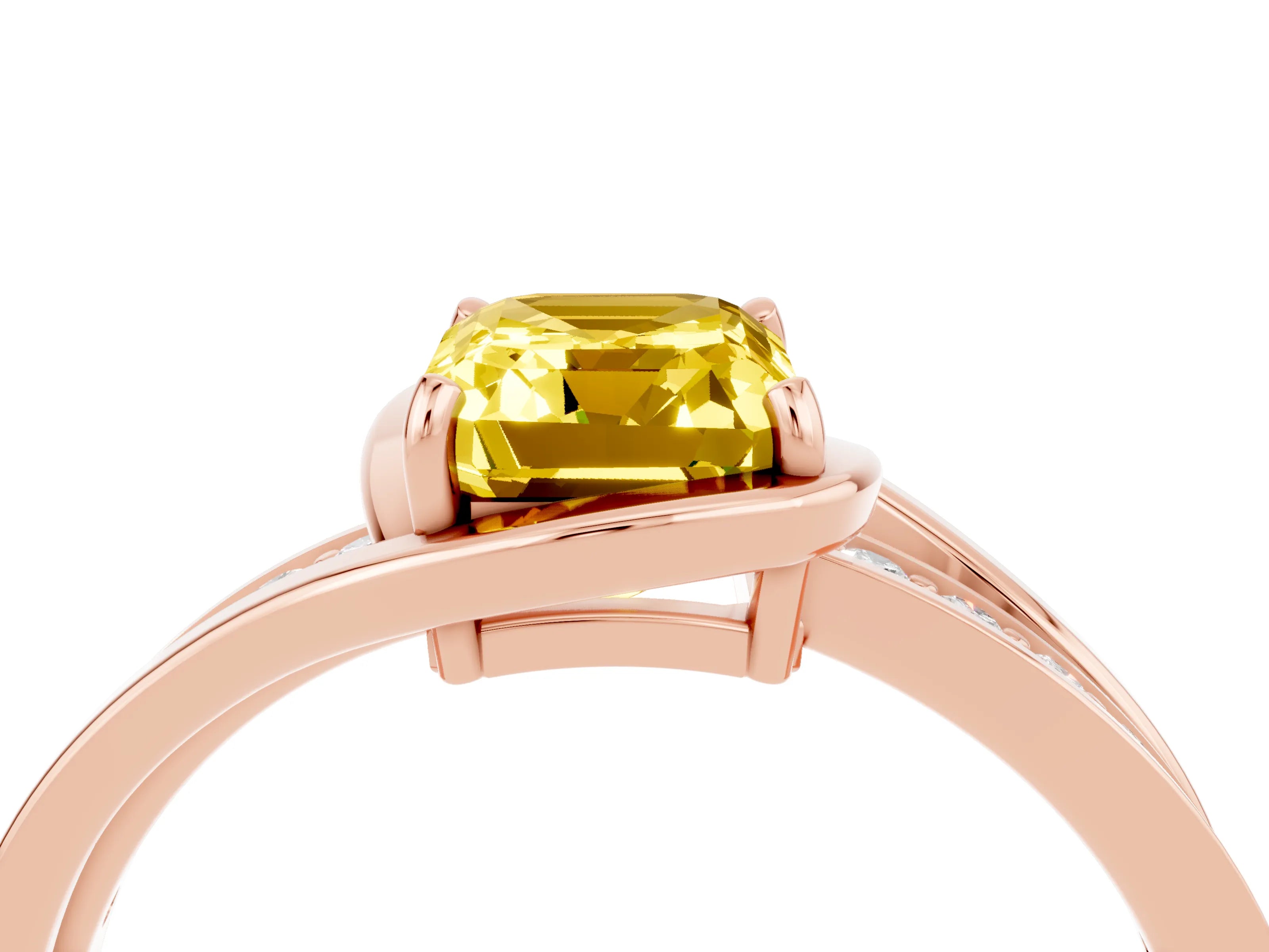 Rose gold Emerald Cut Yellow Sapphire Solitaire Ring with Split Shank and Prong Setting_4