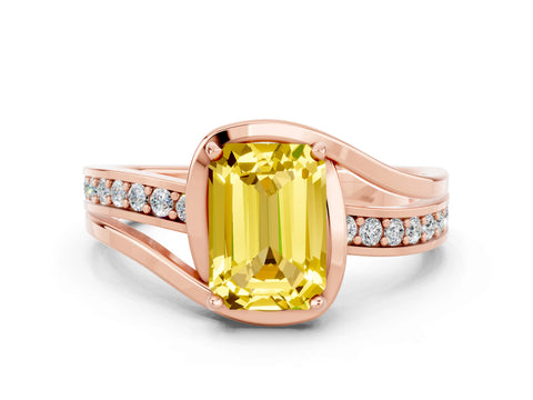 Rose gold Emerald Cut Yellow Sapphire Solitaire Ring with Split Shank and Prong Setting