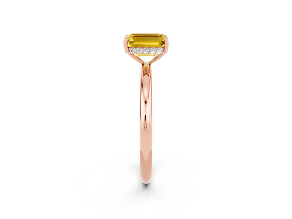 Rose gold Emerald Cut Yellow Sapphire Solitaire Ring with Thin Band and Four-Prong Setting