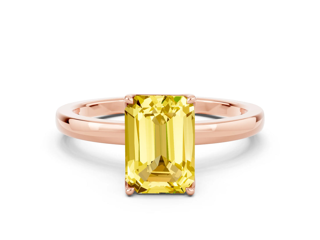 Rose gold Emerald Cut Yellow Sapphire Solitaire Ring with Thin Band and Prong Setting_12