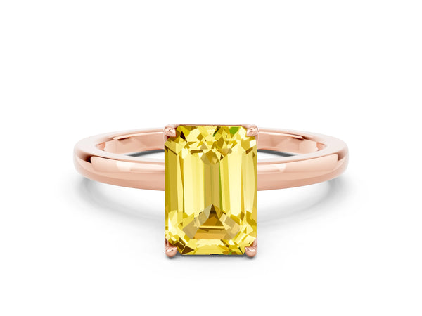 Rose gold Emerald Cut Yellow Sapphire Solitaire Ring with Thin Band and Prong Setting