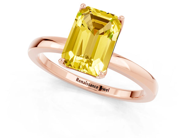 Rose gold Emerald Cut Yellow Sapphire Solitaire Ring with Thin Band and Prong Setting