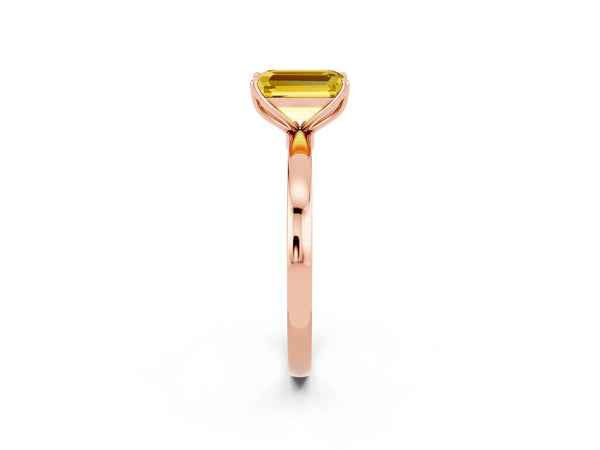 Rose gold Emerald Cut Yellow Sapphire Solitaire Ring with Thin Band and Prong Setting