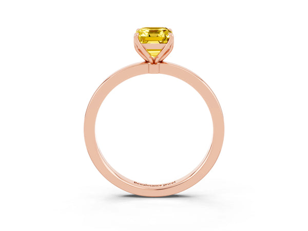 Rose gold Emerald Cut Yellow Sapphire Solitaire Ring with Thin Band and Prong Setting