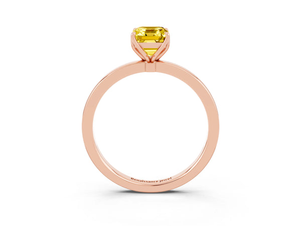Rose Gold Emerald Cut Lab-Grown Yellow Sapphire Solitaire Engagement Ring with Thin Band