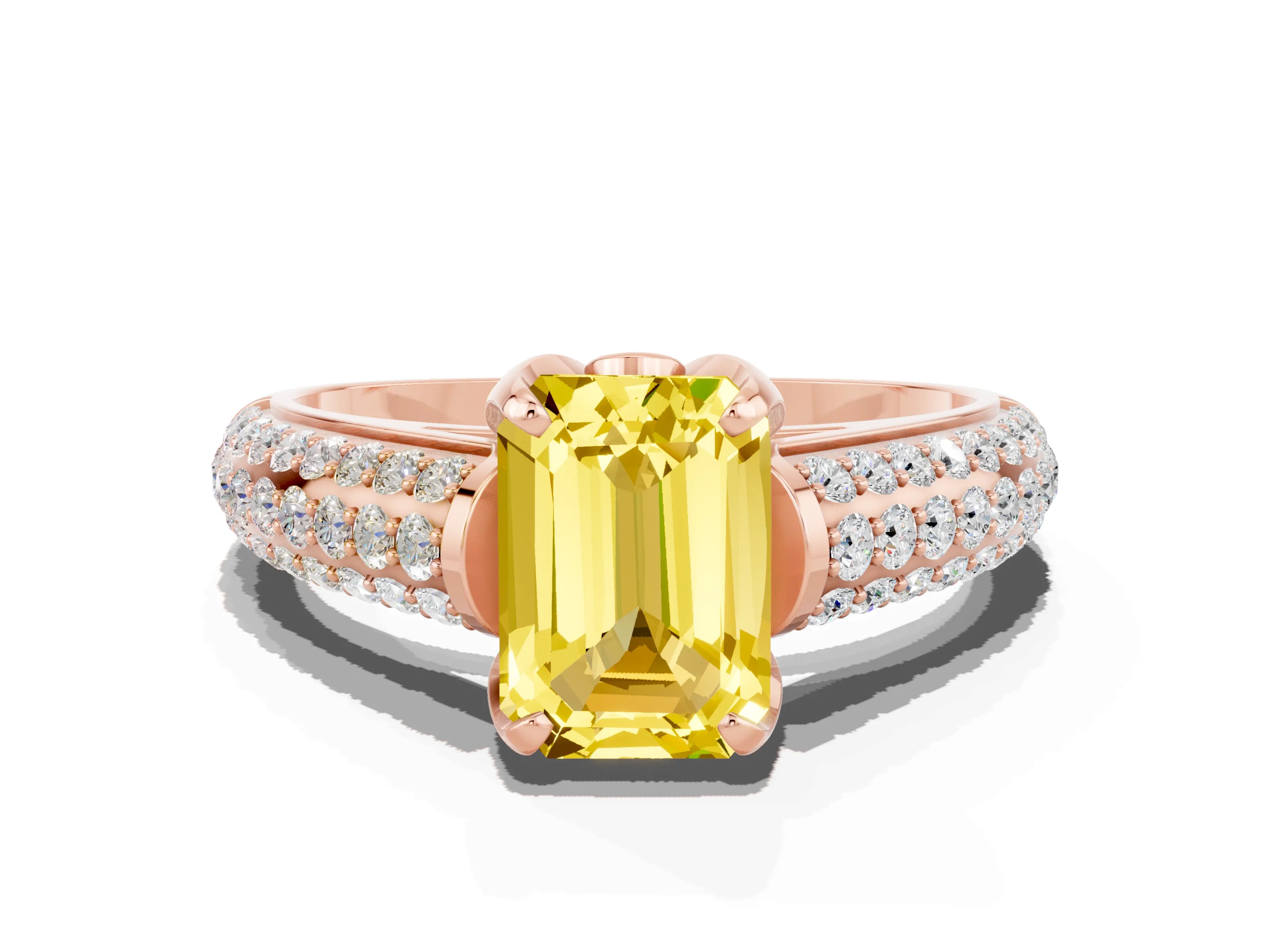 Rose gold Emerald Cut Yellow Sapphire Solitaire Ring with Three-Row Pavé Band and Four-Prong Setting_12