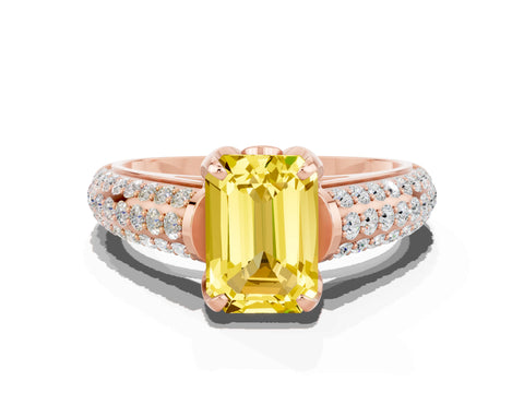 Rose gold Emerald Cut Yellow Sapphire Solitaire Ring with Three-Row Pavé Band and Four-Prong Setting_12