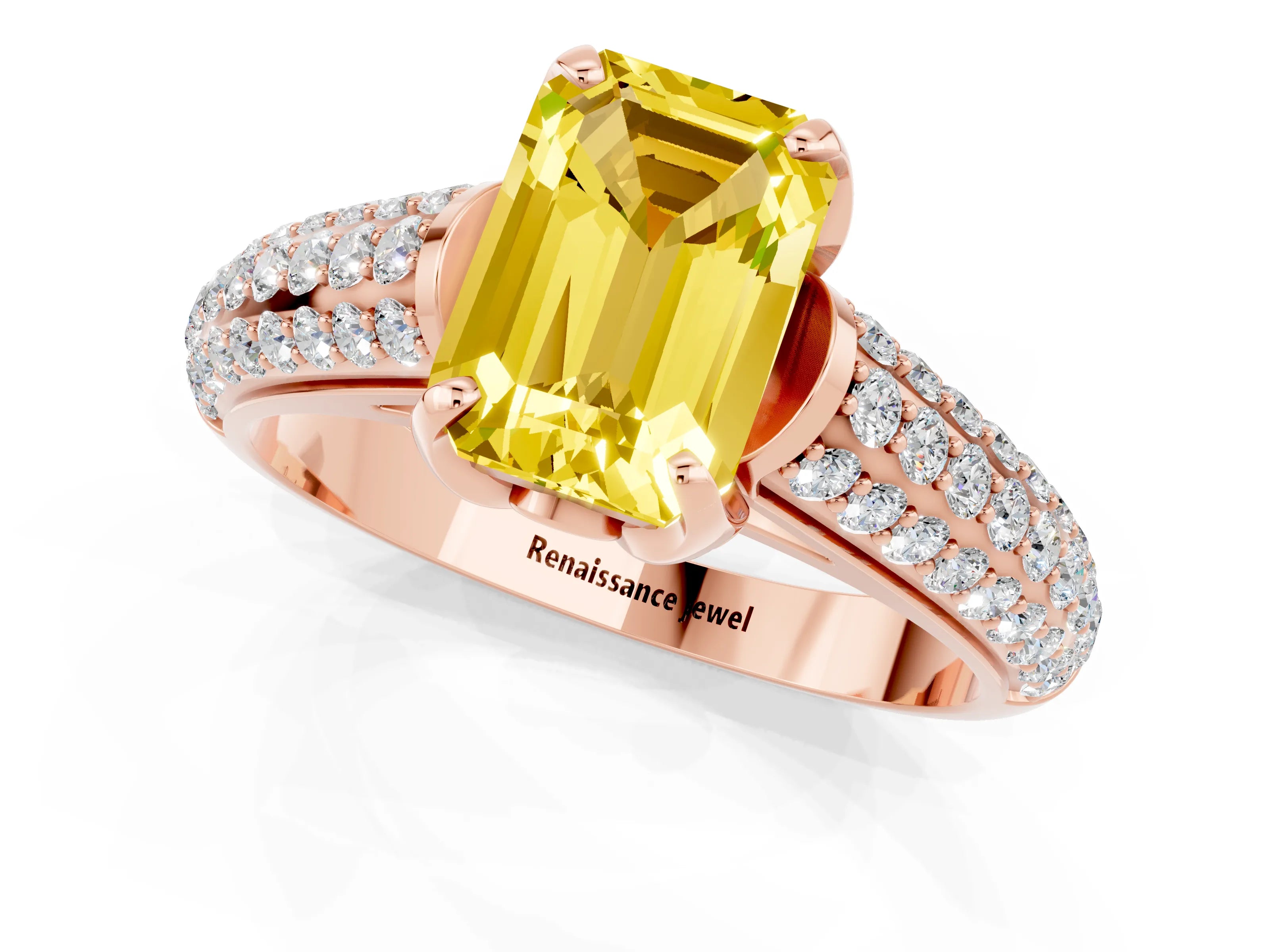 Rose gold Emerald Cut Yellow Sapphire Solitaire Ring with Three-Row Pavé Band and Four-Prong Setting_13