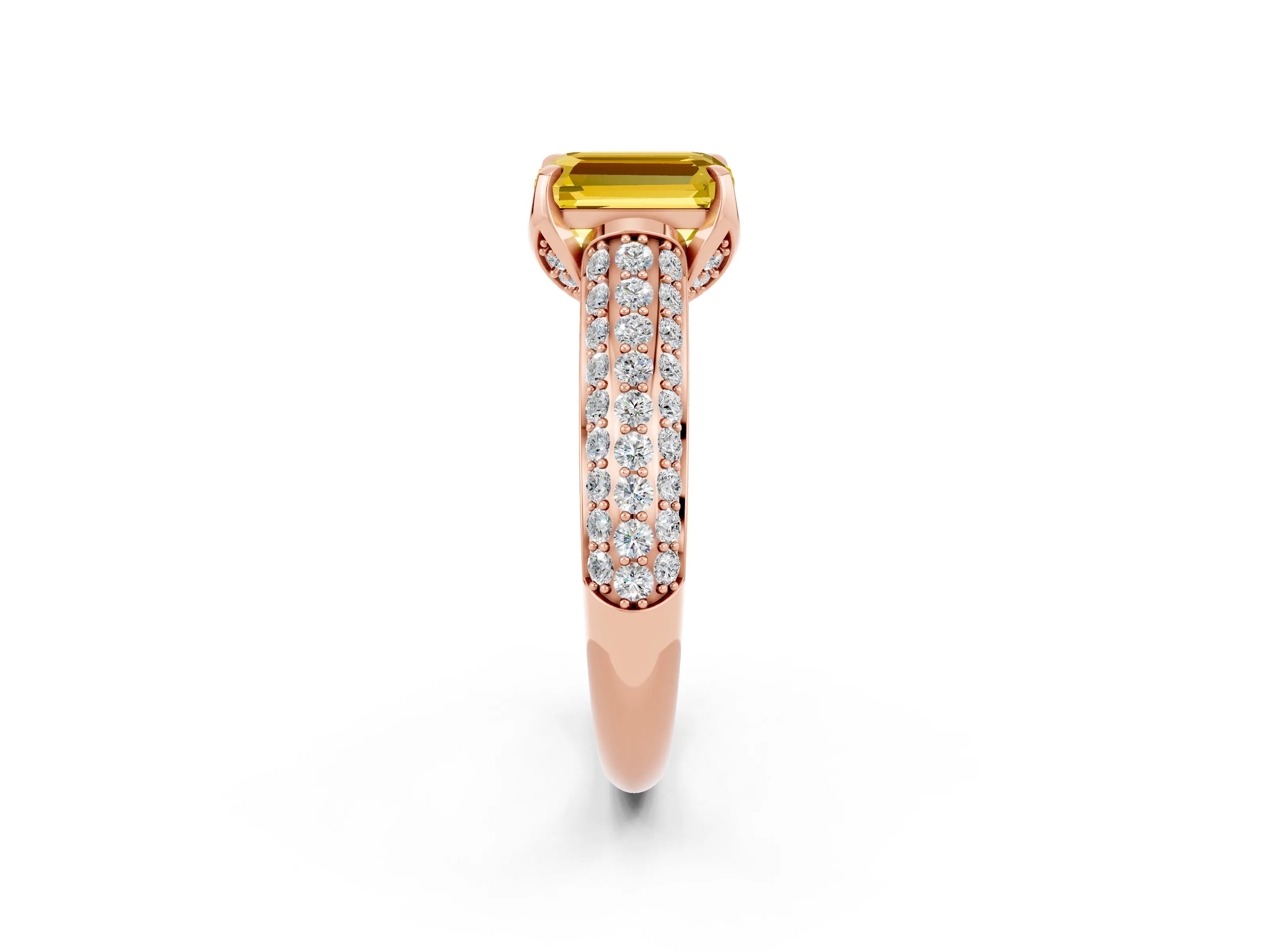 Rose gold Emerald Cut Yellow Sapphire Solitaire Ring with Three-Row Pavé Band and Four-Prong Setting_14