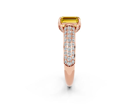 Rose gold Emerald Cut Yellow Sapphire Solitaire Ring with Three-Row Pavé Band and Four-Prong Setting_14