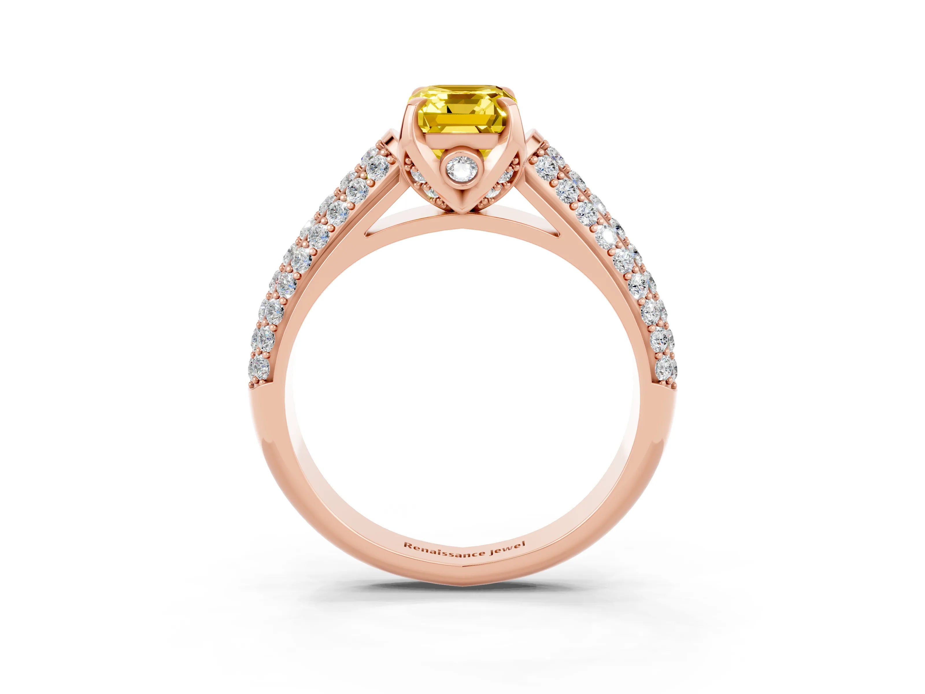 Rose gold Emerald Cut Yellow Sapphire Solitaire Ring with Three-Row Pavé Band and Four-Prong Setting_15