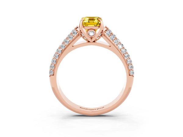 Rose gold Emerald Cut Yellow Sapphire Solitaire Ring with Three-Row Pavé Band and Four-Prong Setting