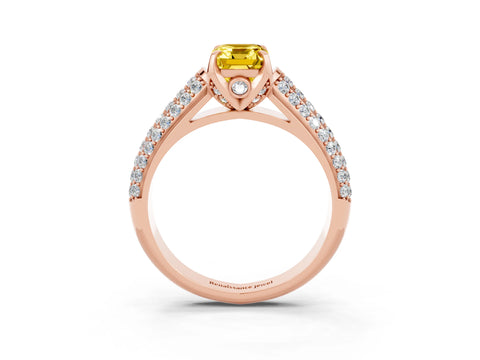 Rose gold Emerald Cut Yellow Sapphire Solitaire Ring with Three-Row Pavé Band and Four-Prong Setting_15