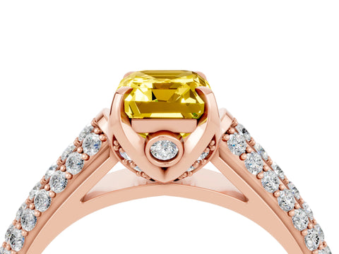 Rose gold Emerald Cut Yellow Sapphire Solitaire Ring with Three-Row Pavé Band and Four-Prong Setting_16