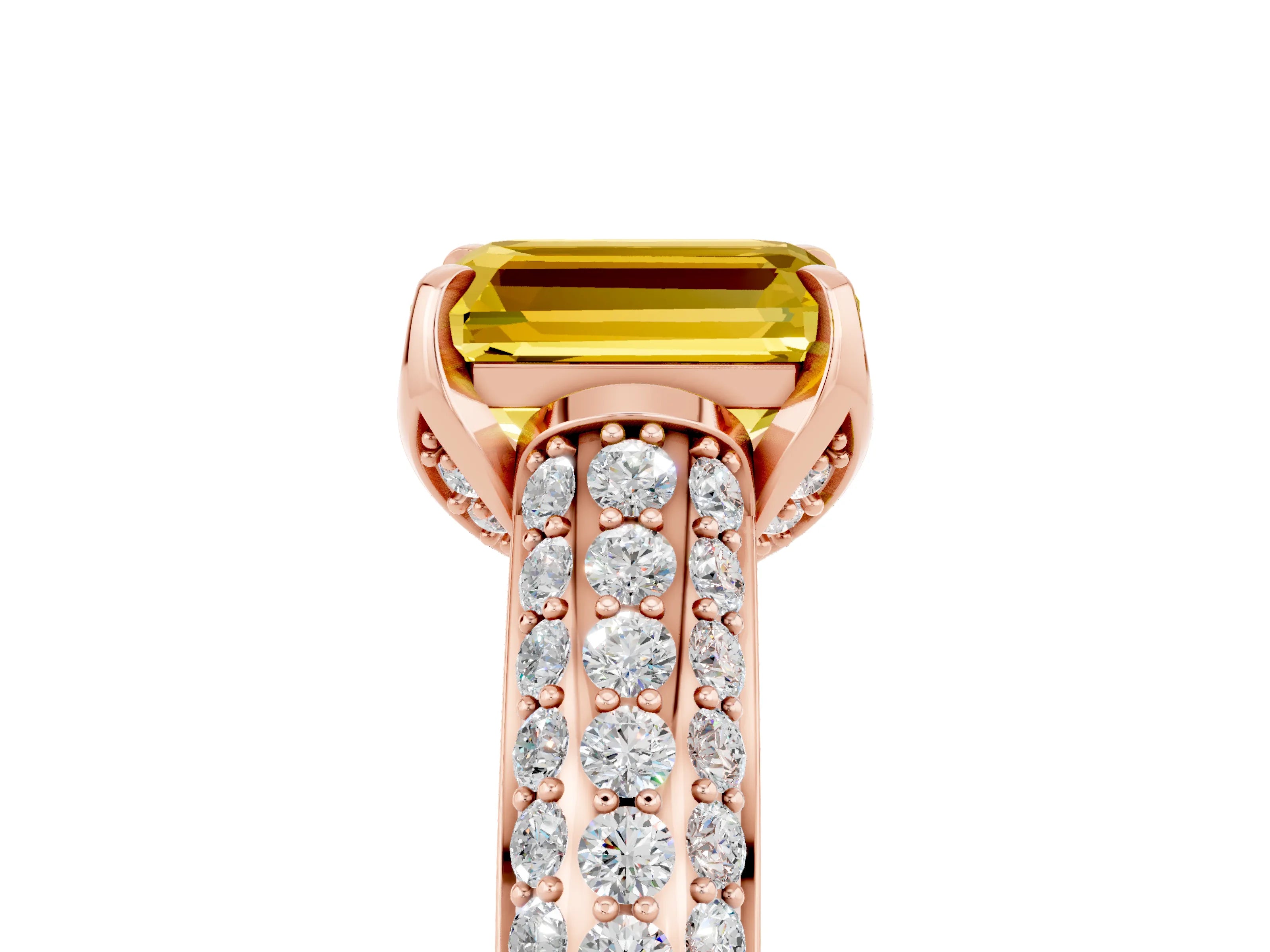 Rose gold Emerald Cut Yellow Sapphire Solitaire Ring with Three-Row Pavé Band and Four-Prong Setting_17