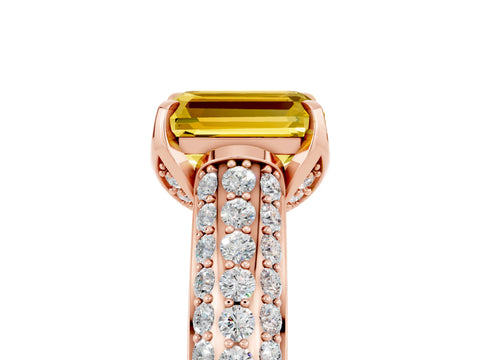 Rose gold Emerald Cut Yellow Sapphire Solitaire Ring with Three-Row Pavé Band and Four-Prong Setting_17