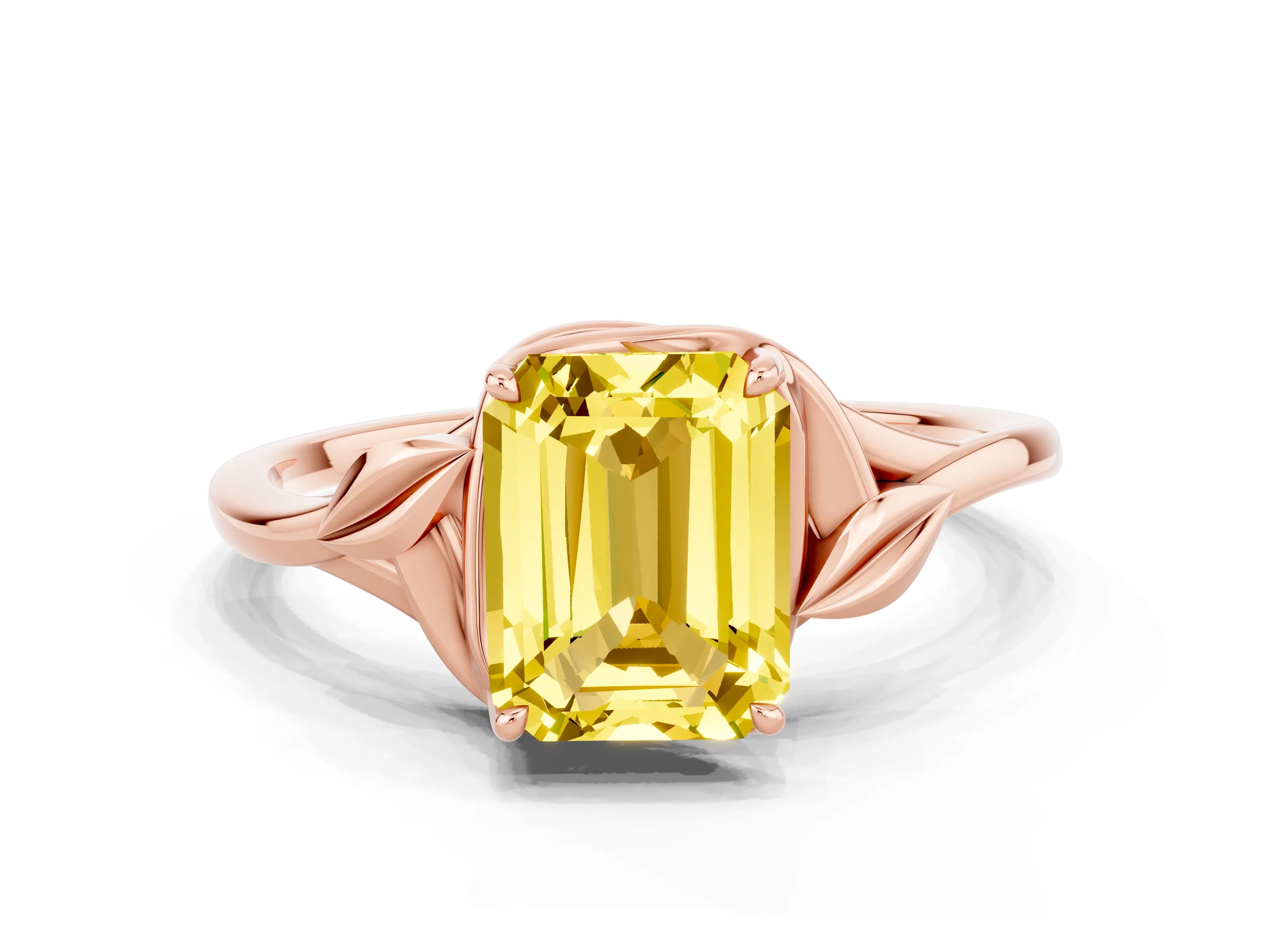 Rose gold Emerald Cut Yellow Sapphire Solitaire Ring with Twist Band and Four-Prong Setting_24