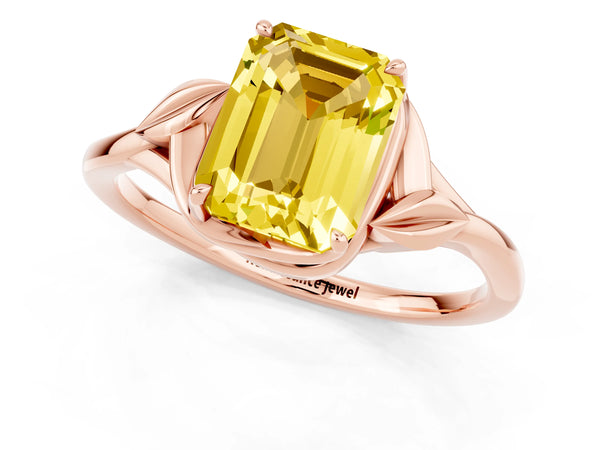 Rose gold Emerald Cut Yellow Sapphire Solitaire Ring with Twist Band and Four-Prong Setting